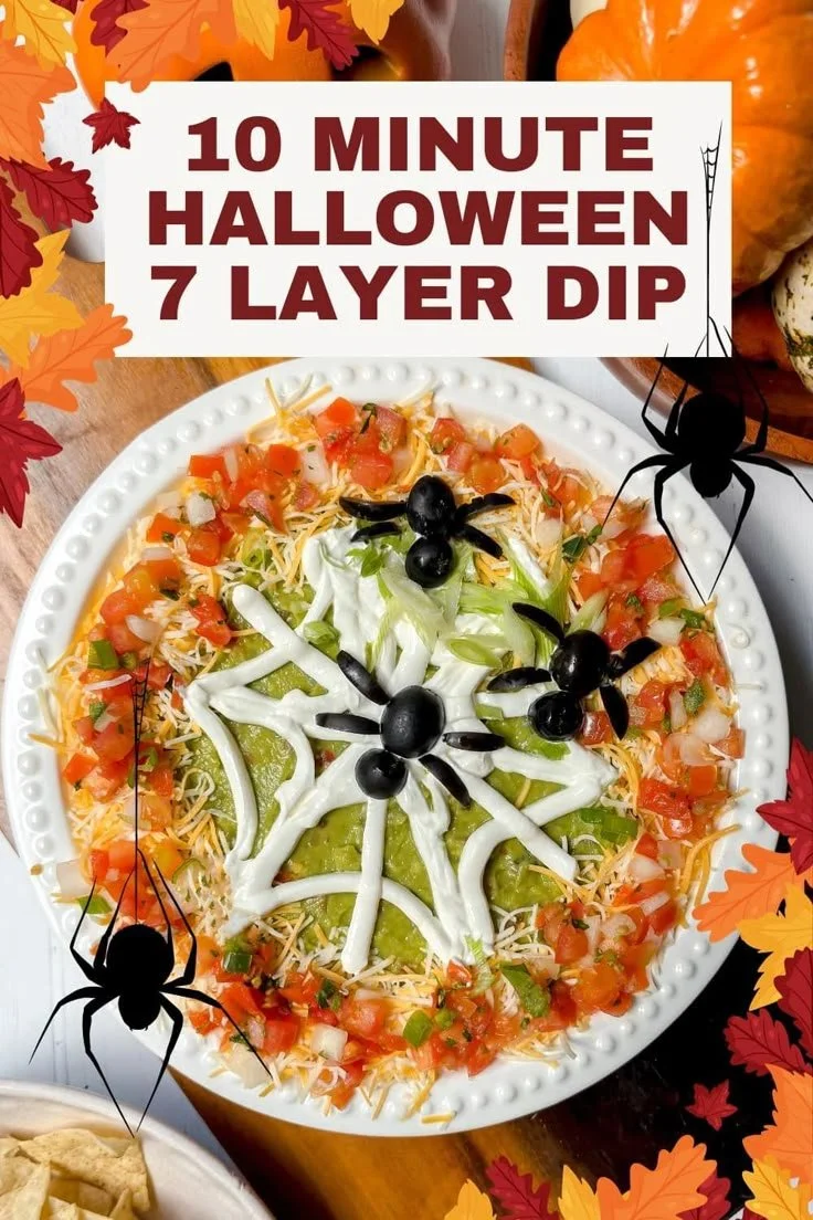 Colorful 7 Layer Halloween dip in a festive bowl, perfect for parties.