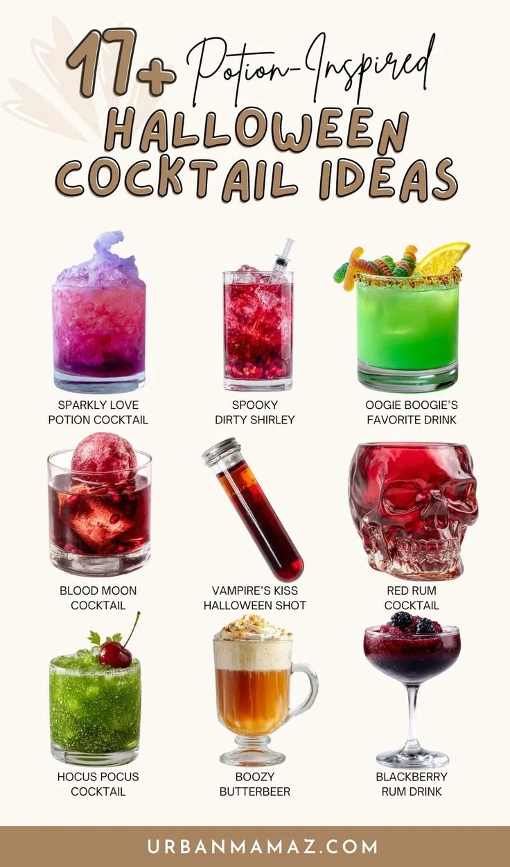 Spooky Halloween cocktails in decorative glasses for a festive party