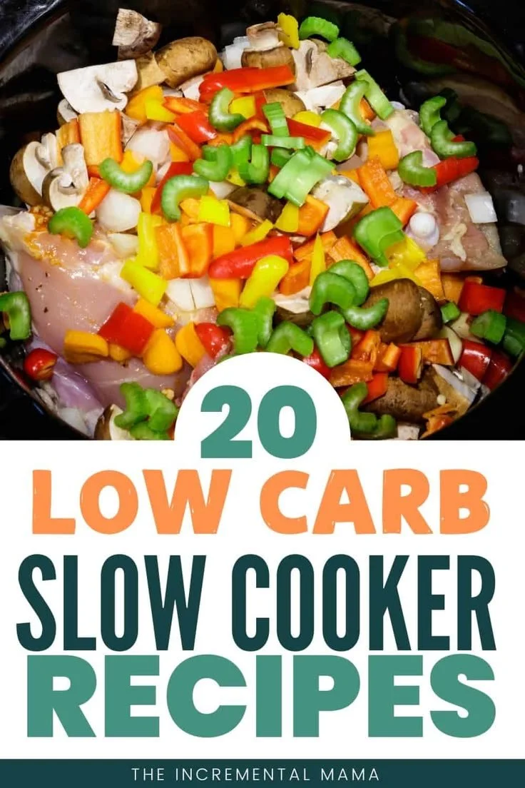 A variety of low carb crockpot recipes served in rustic bowls.