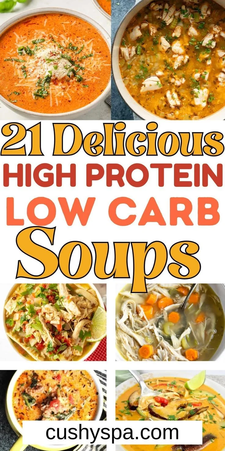 A bowl of high protein soup garnished with fresh herbs and veggies