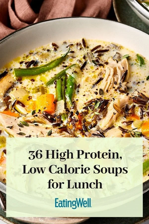 Variety of high-protein, low-calorie soups served in bowls for a healthy lunch