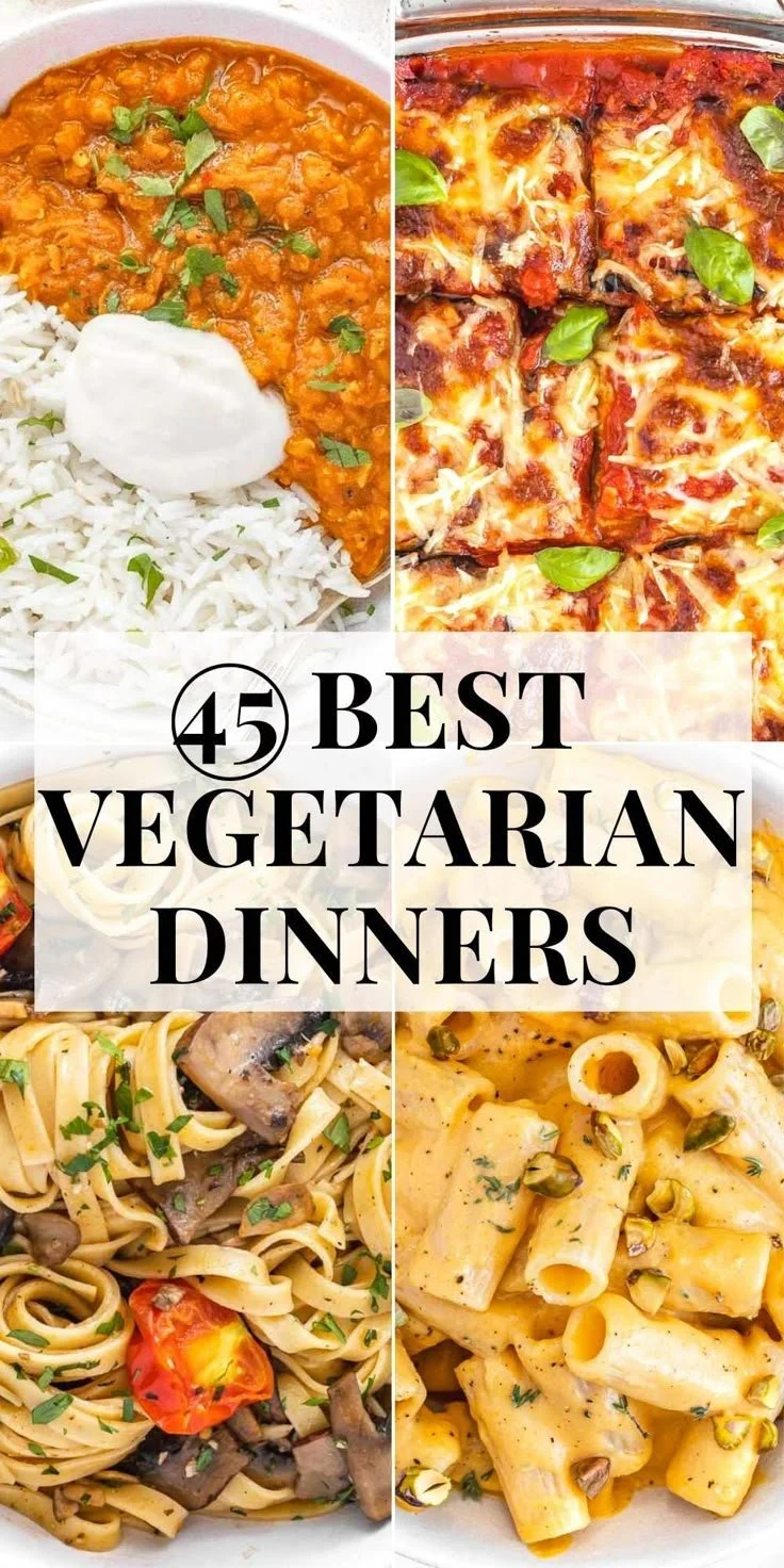 A colorful spread of easy vegetarian dinner recipes for a healthy meal.