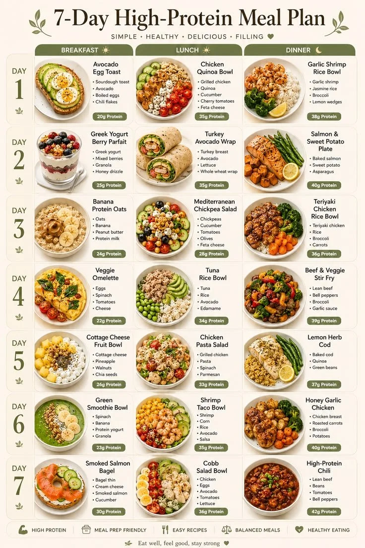 Healthy 7-day high-protein meal plan with varied recipes and meal prep tips