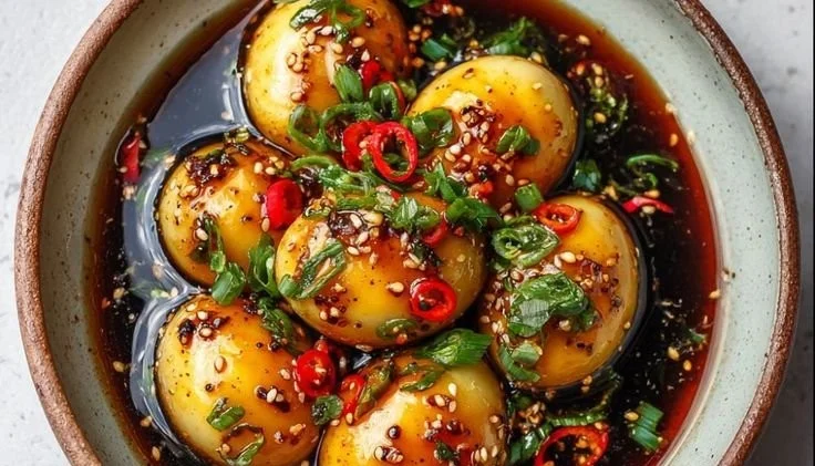Delicious Mayak Eggs marinated in Korean soy sauce served on a plate