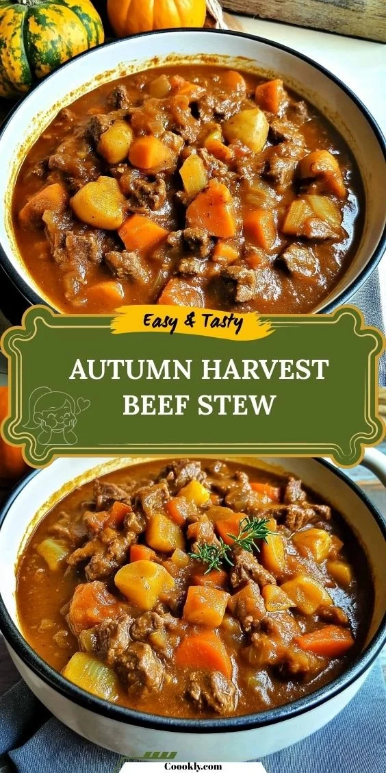 Bowl of Autumn Harvest Beef Stew with vegetables and herbs on a wooden table.