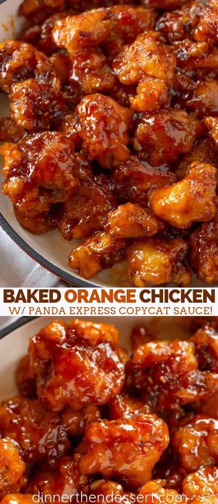Baked orange chicken with Panda Express style sauce on a white plate