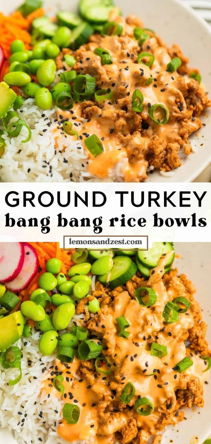Delicious Bang Bang Ground Turkey Rice Bowls with vibrant vegetables.