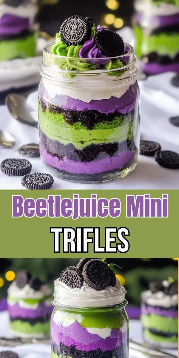 Delicious Beetlejuice mini trifles topped with spooky decorations