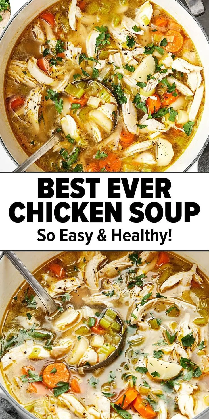 A steaming bowl of homemade chicken soup with fresh vegetables and herbs