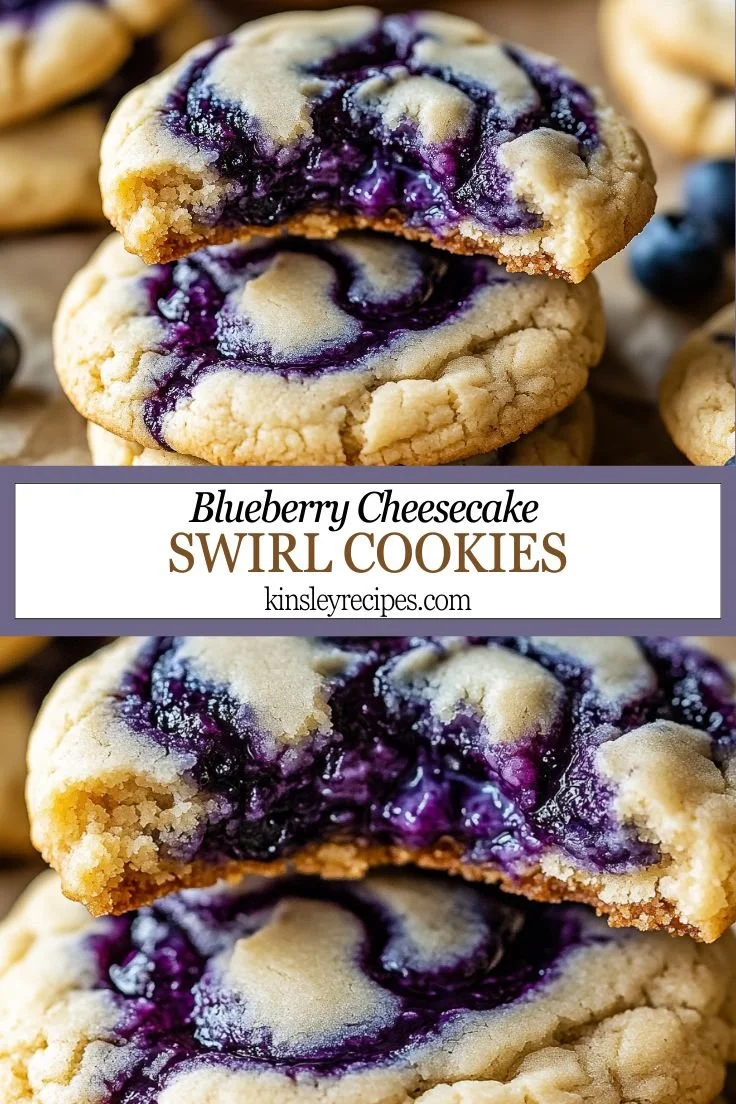 Blueberry cheesecake swirl cookies on a plate with blueberries