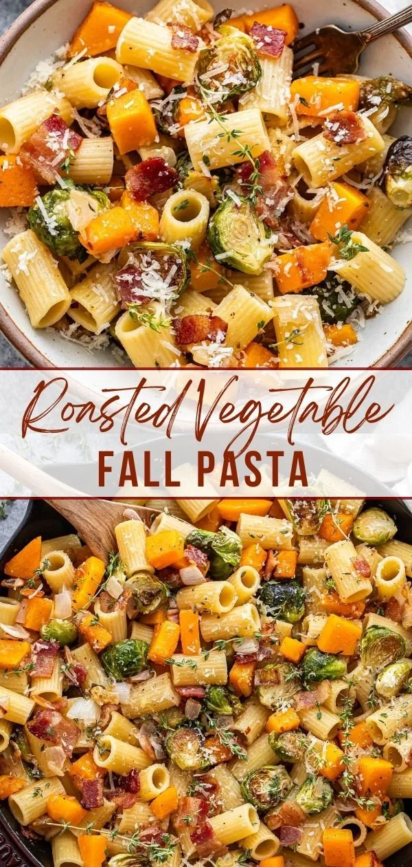 Bowl of Brussels Sprouts and Butternut Squash Pasta, topped with cheese and herbs