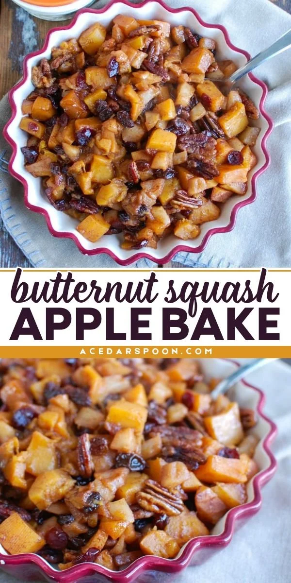 Butternut Squash Apple Bake with spices and nuts in a baking dish