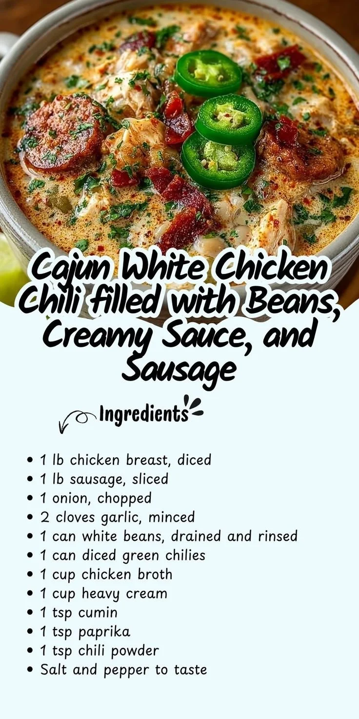 Bowl of Cajun White Chicken Chili with beans, creamy sauce, and sausage, garnished.