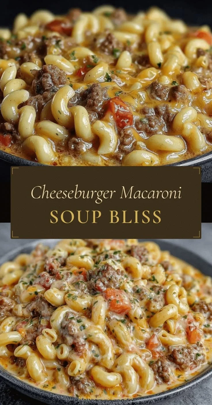 Bowl of cheeseburger macaroni soup topped with cheese and herbs