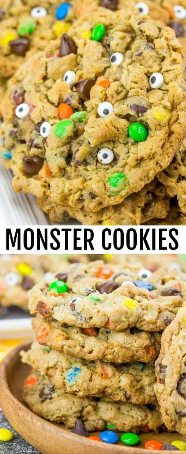 Chewy monster cookies with chocolate chips and colorful M&Ms on a plate.