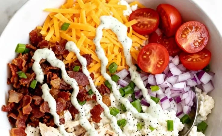 Chicken Bacon Ranch Cottage Cheese Bowl with toppings