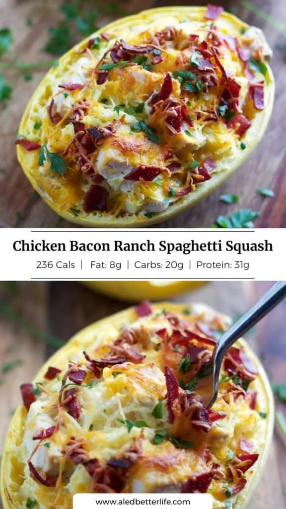 Delicious Chicken Bacon Ranch Spaghetti Squash dish topped with crispy bacon.