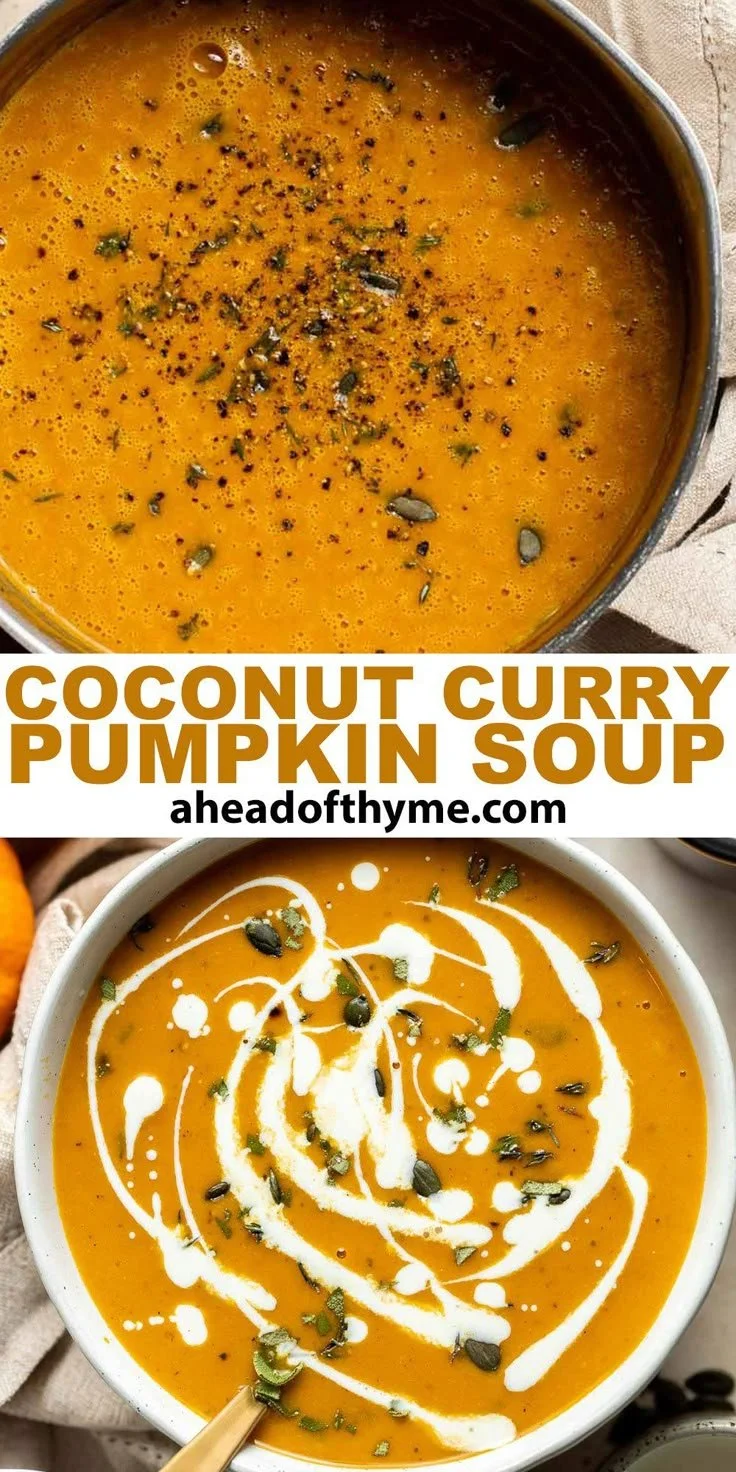 Bowl of Coconut Curry Pumpkin Soup garnished with herbs.