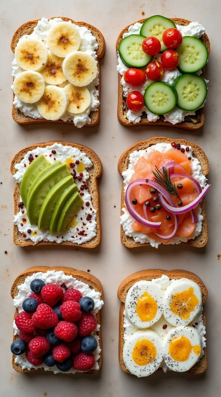 Delicious cottage cheese breakfast toast topped with fresh ingredients