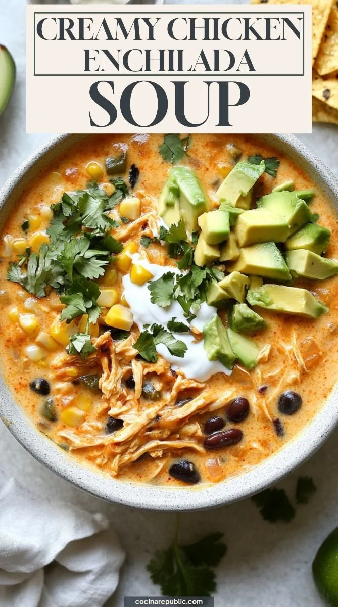 Bowl of creamy chicken enchilada soup garnished with cilantro and cheese