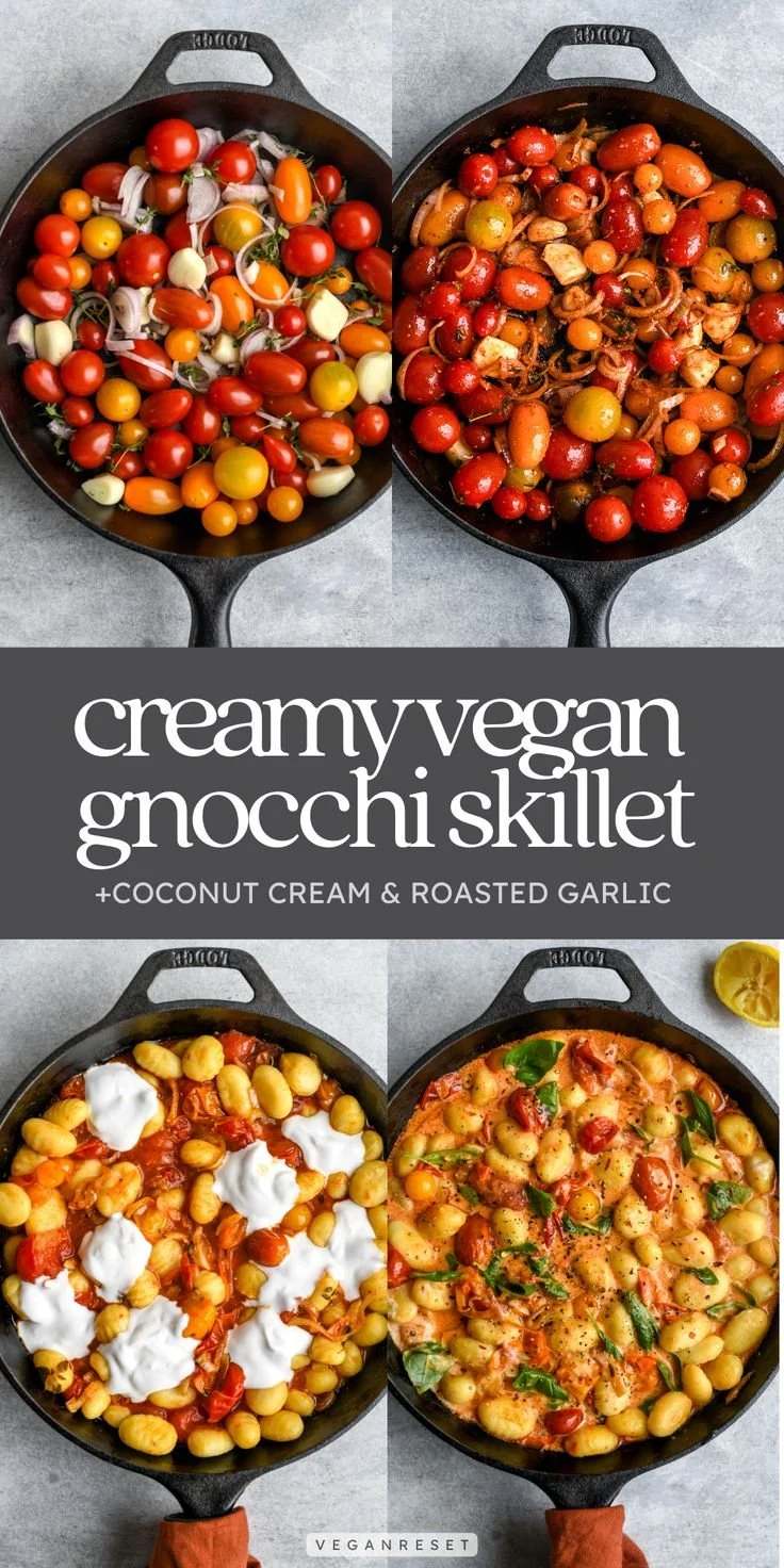 Creamy vegan gnocchi skillet with coconut cream and roasted garlic in a pan