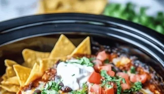 Crockpot chicken enchilada casserole served in a dish with toppings.