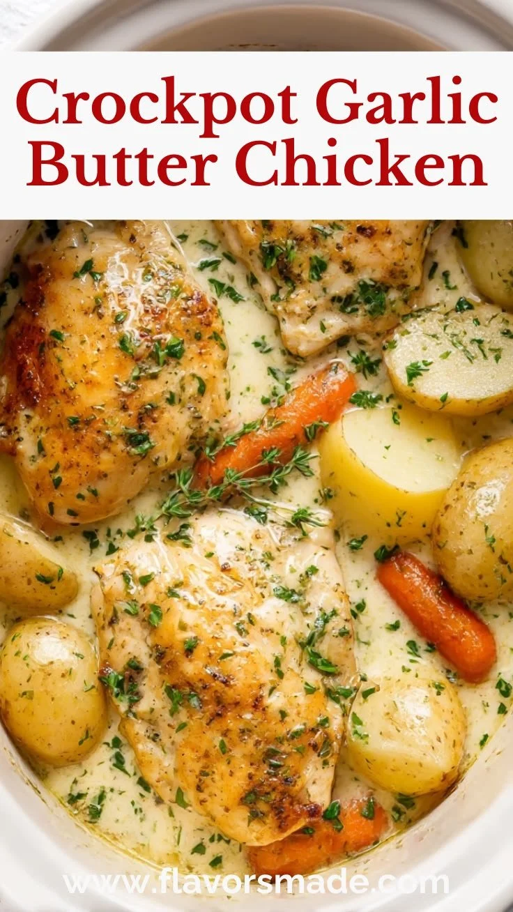 Delicious Crockpot Garlic Butter Chicken served with herbs and vegetables