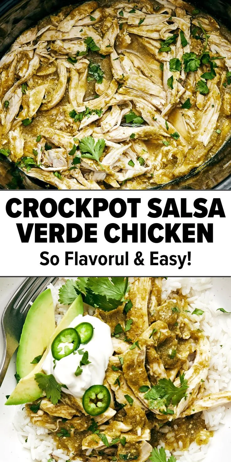 Crockpot Salsa Verde Chicken served in a bowl with fresh cilantro and lime