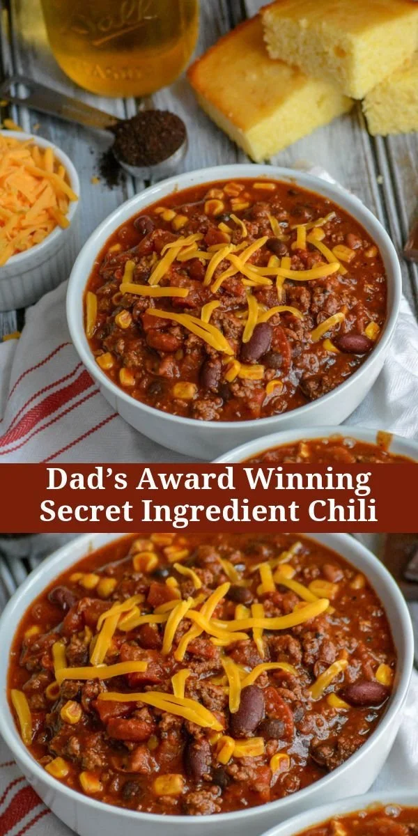 Bowl of Dad's award-winning secret ingredient chili
