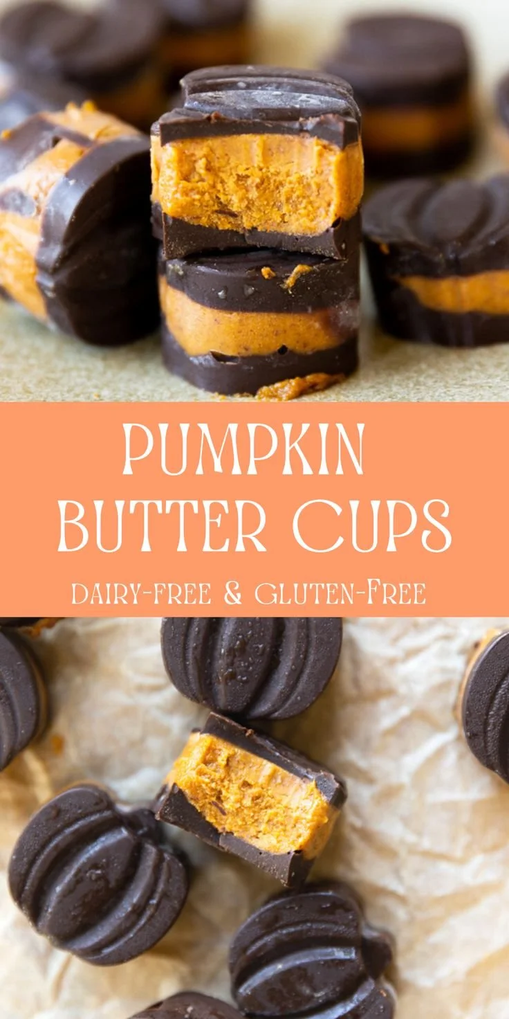 Dairy free chocolate pumpkin butter cups on a wooden table with fall decorations