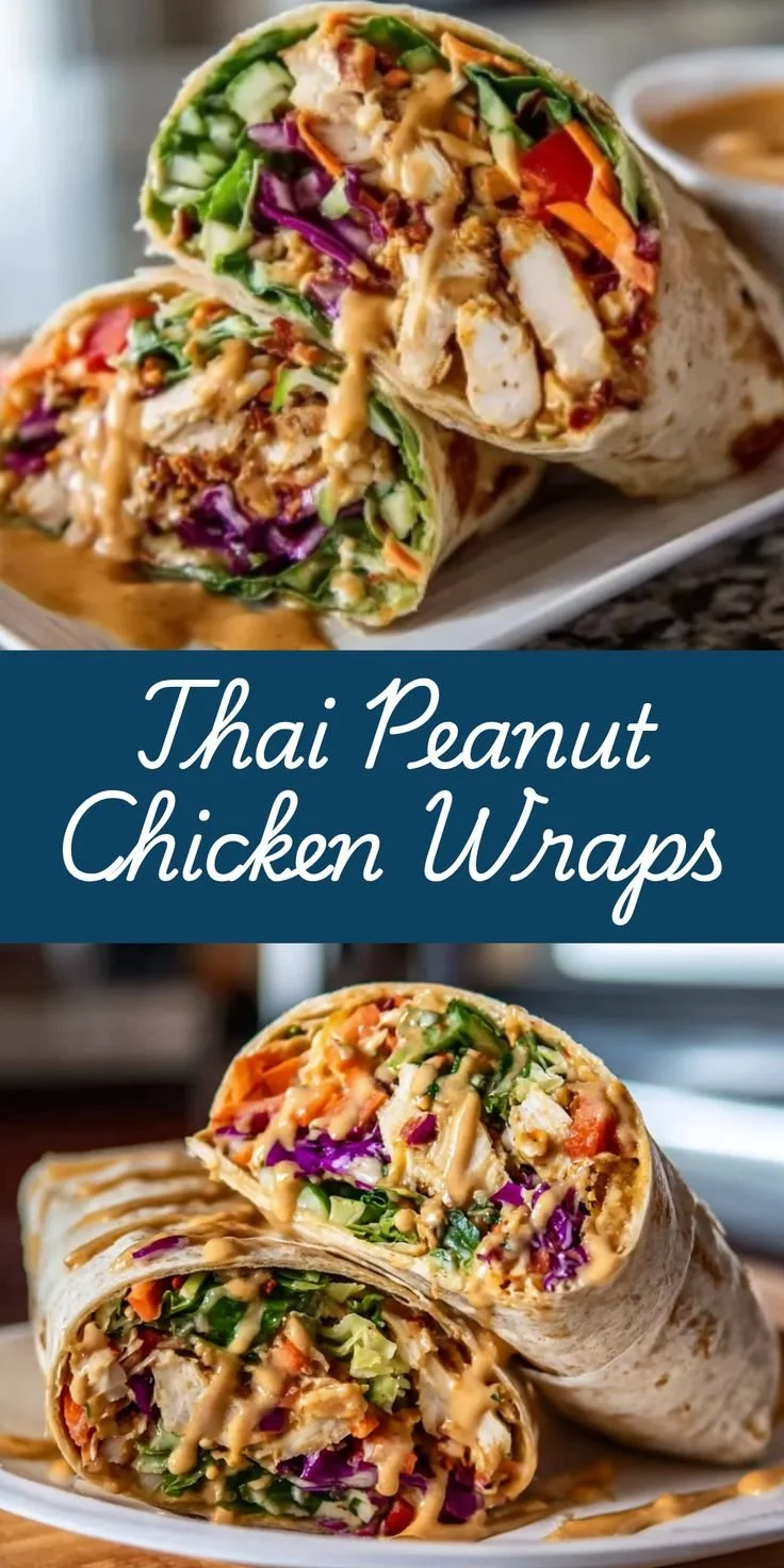 Thai peanut chicken wraps filled with fresh vegetables and creamy peanut sauce