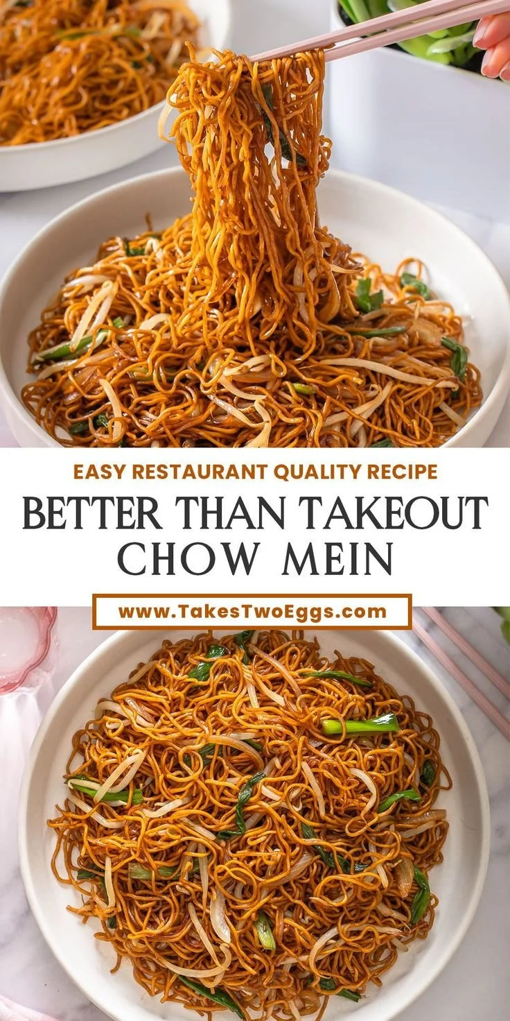 Delicious homemade Chow Mein noodles with vegetables and sauce.