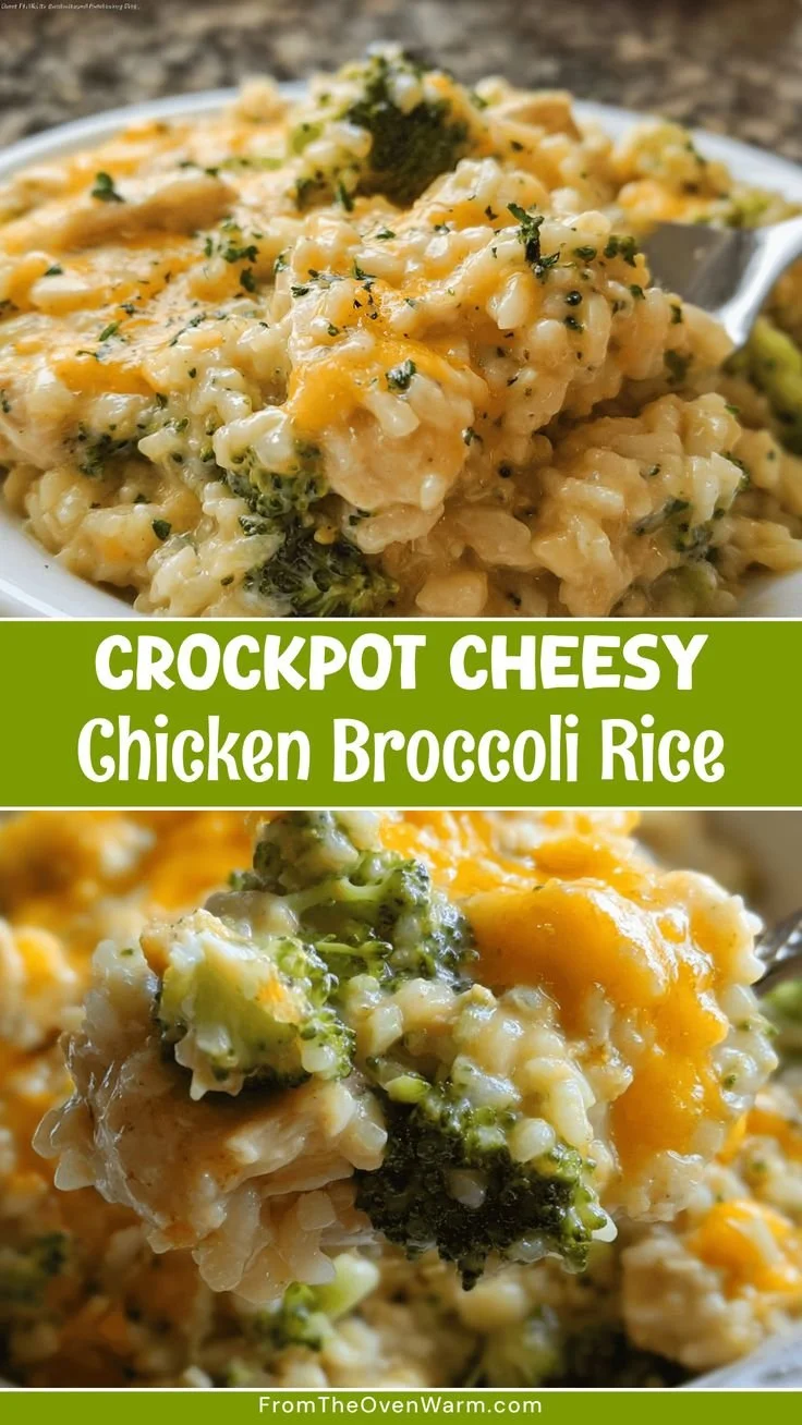 Crockpot cheesy chicken with broccoli and rice served in a bowl