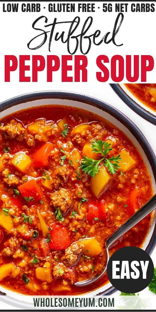 Bowl of easy stuffed pepper soup with colorful peppers and herbs