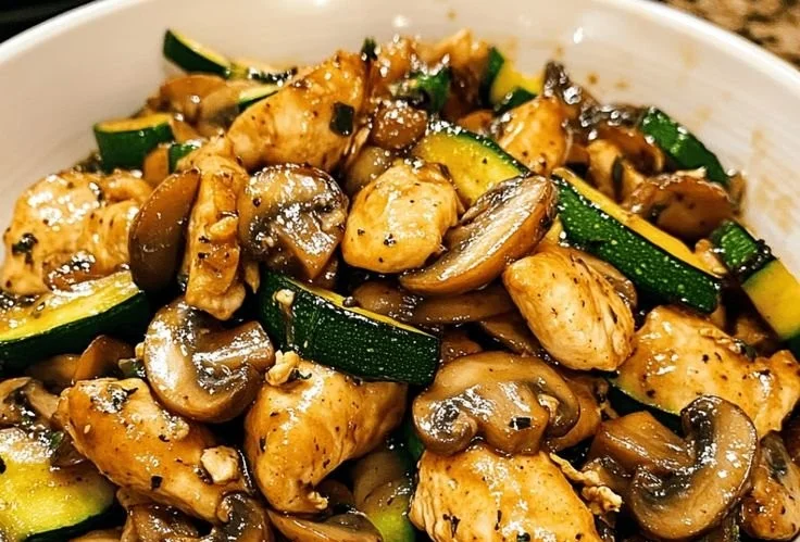Delicious zucchini mushroom chicken stir fry served in a bowl with colorful vegetables