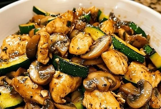 Delicious zucchini mushroom chicken stir fry in a vibrant bowl