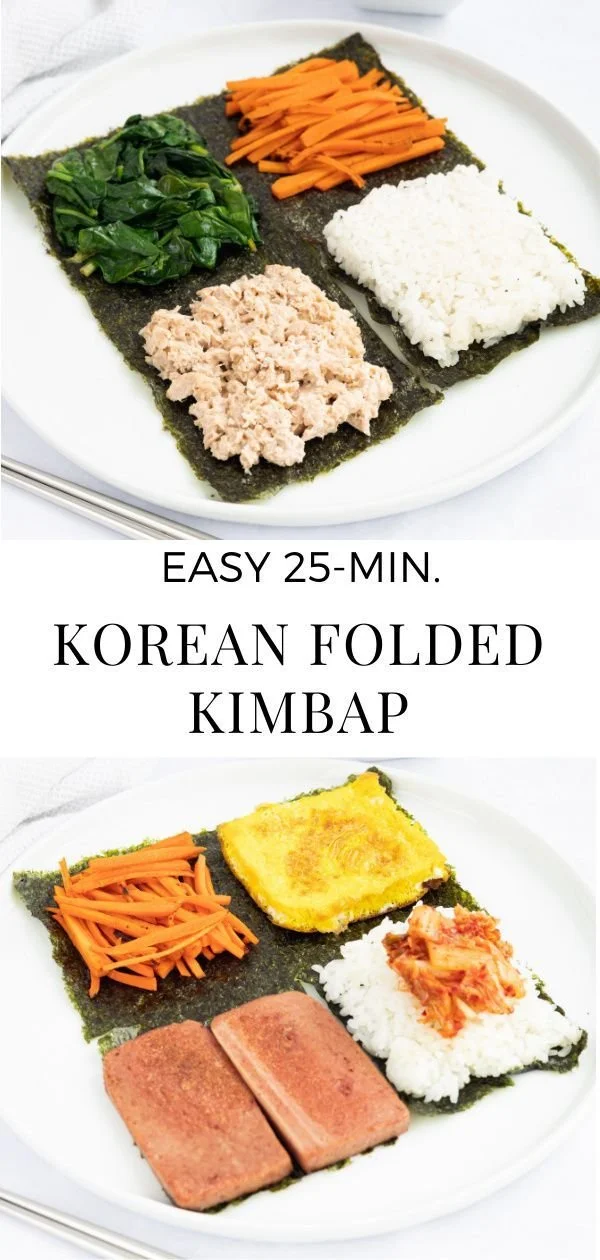 A serving of Folded Kimbap on a plate, showcasing the colorful ingredients inside.