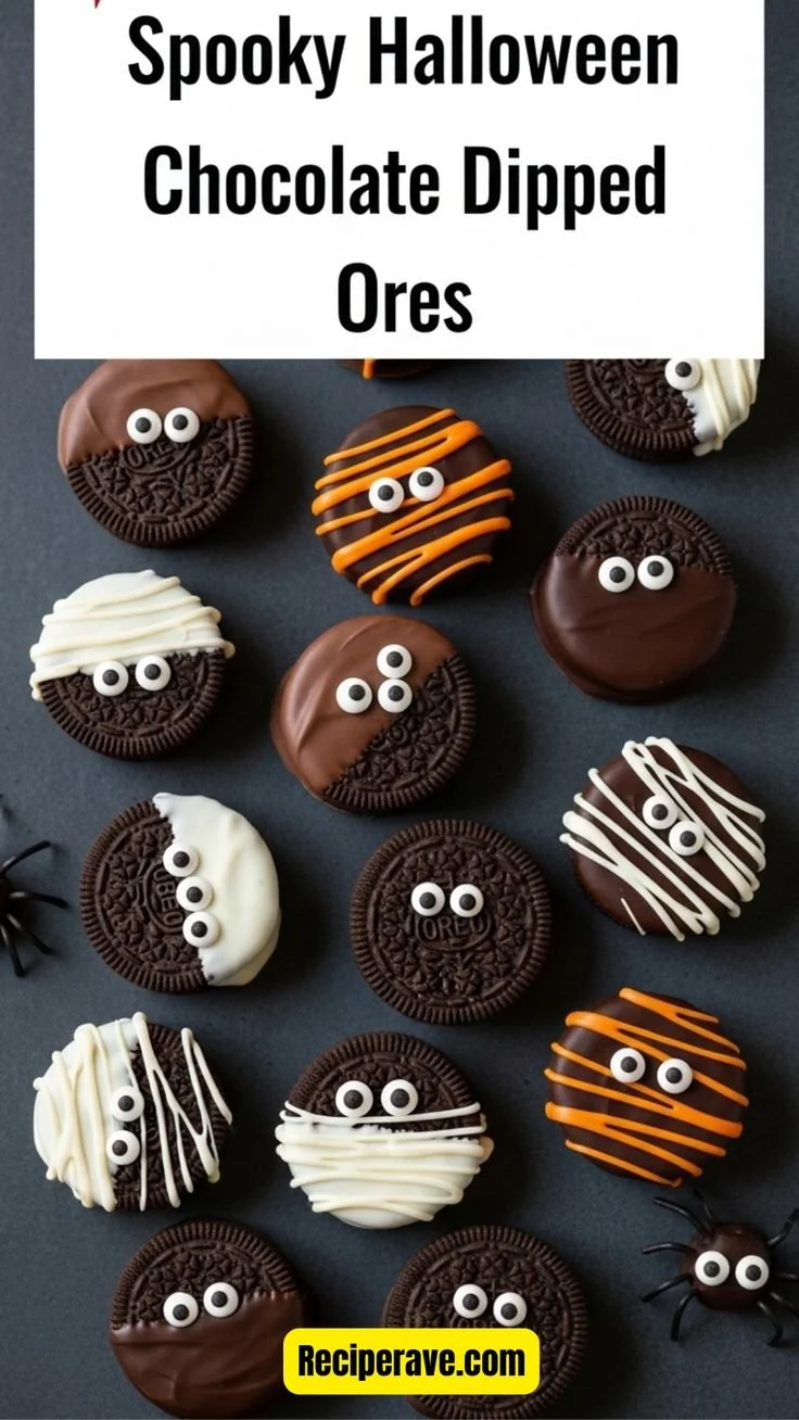Festive chocolate covered Oreos decorated for Halloween with spooky designs