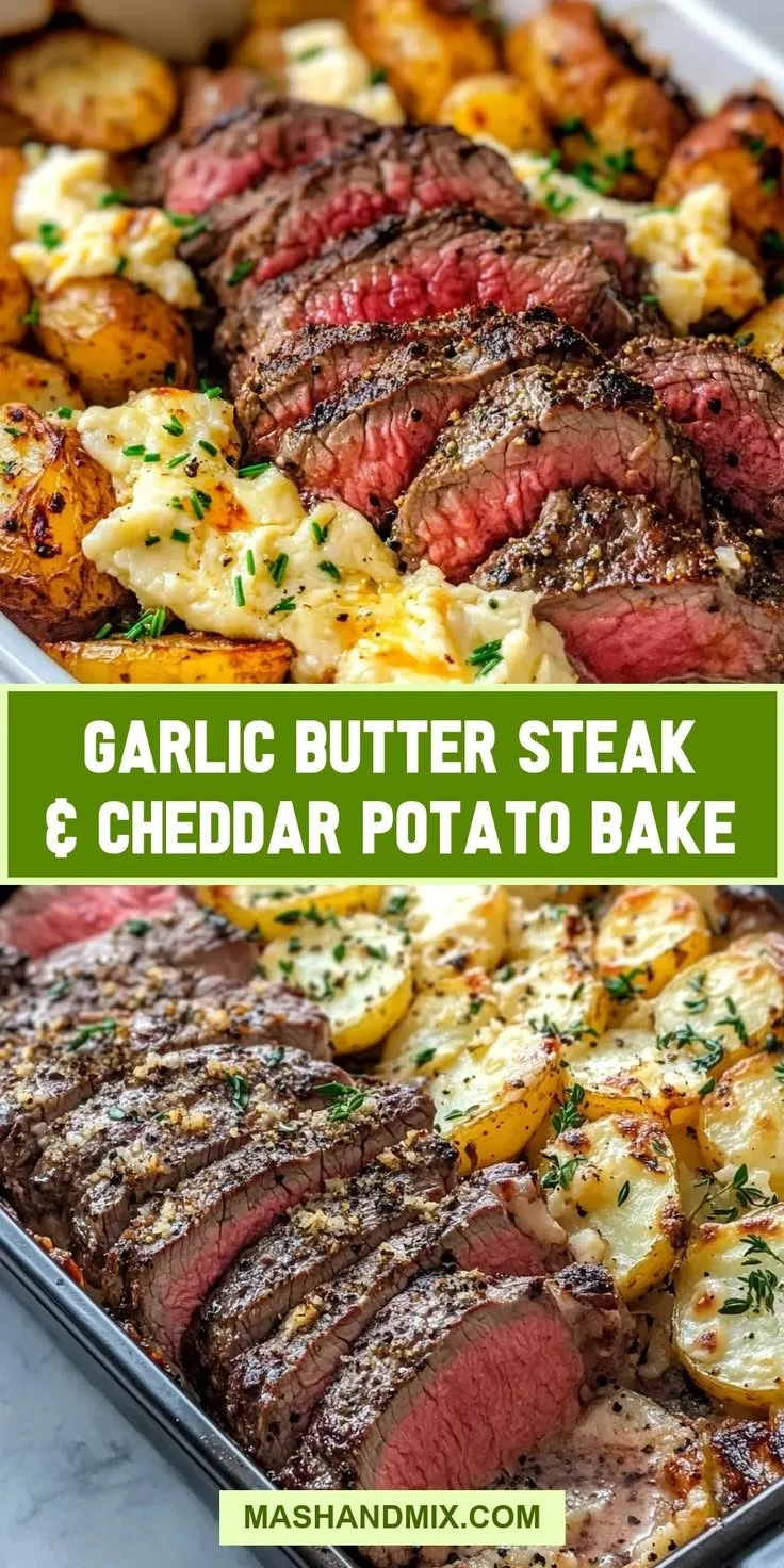 Garlic butter steak served with creamy cheddar potato bake on a plate