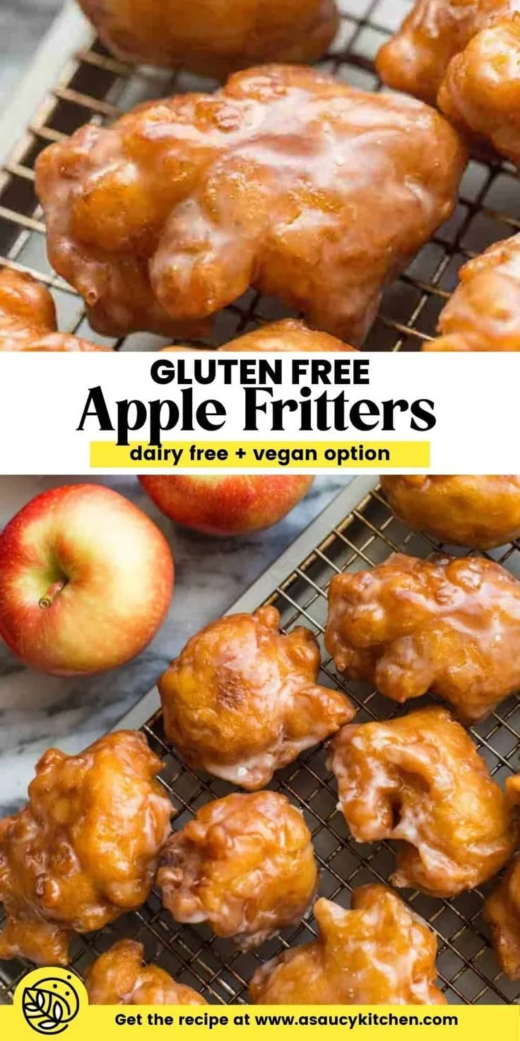 Gluten-free apple fritters drizzled with icing and served on a plate.
