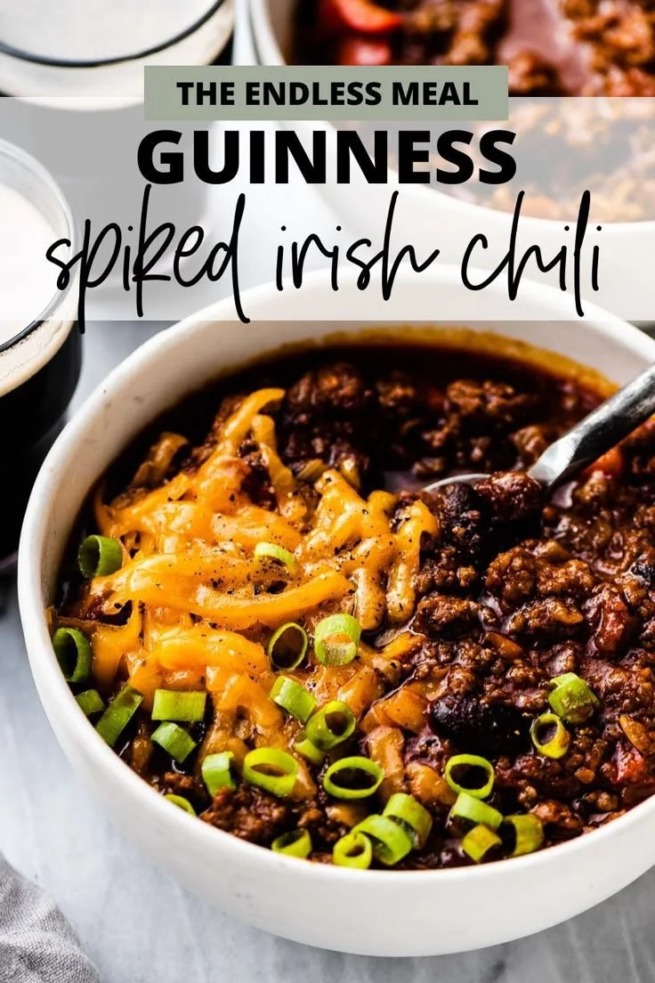 Delicious bowl of Guinness Spiked Irish Chili topped with fresh herbs.