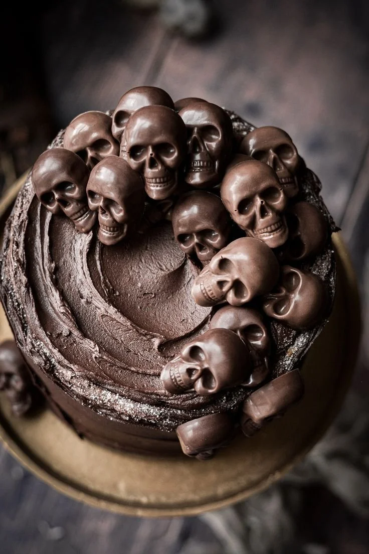 Halloween chocolate skull cake decorated for spooky celebrations
