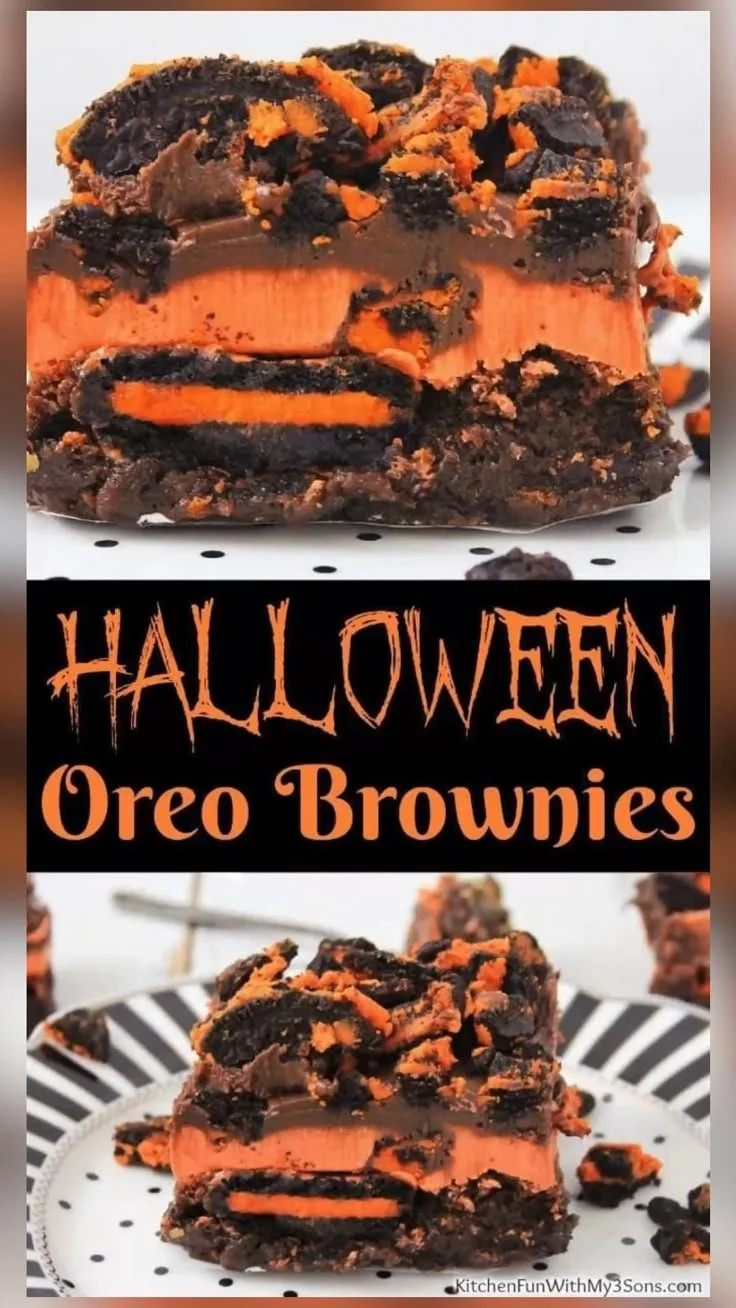 Delicious Halloween Oreo brownies topped with festive decorations.