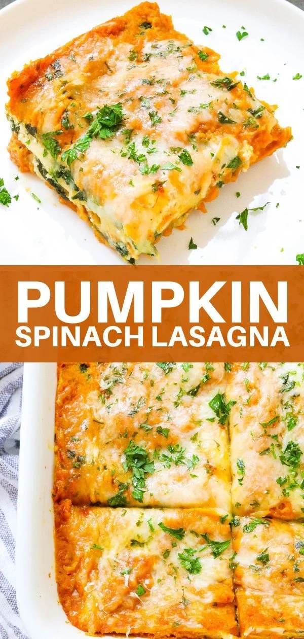 Healthy pumpkin spinach lasagna served in a dish with fresh herbs.