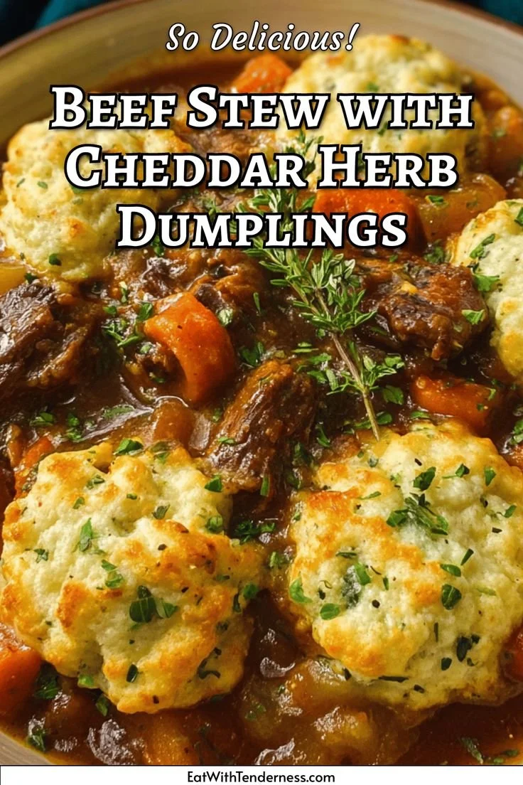 A delicious bowl of hearty beef stew with cheddar herb dumplings