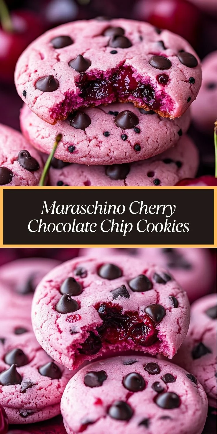 Heavenly Maraschino Cherry Chocolate Chip Cookies on a wooden table