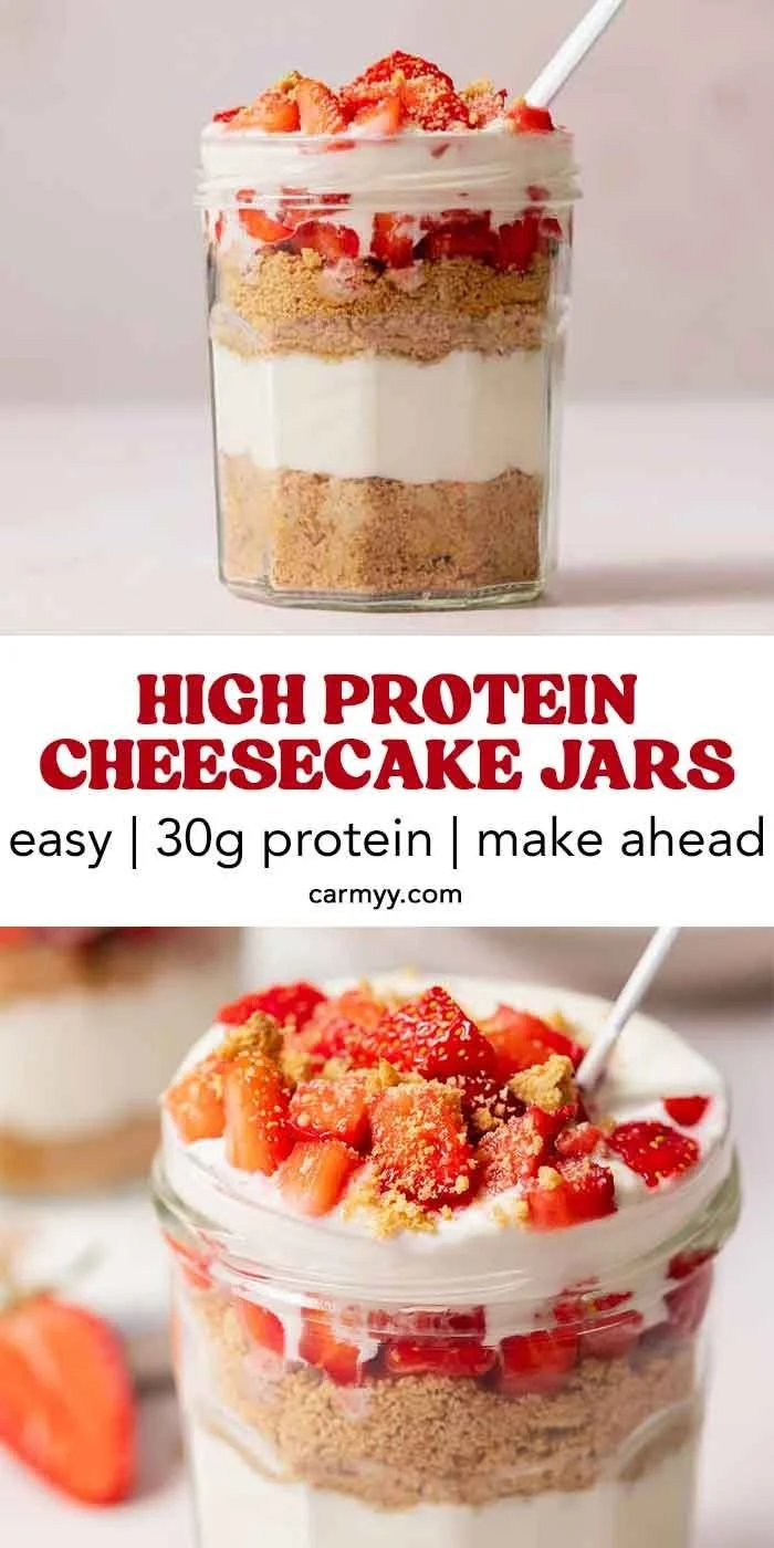 High protein cheesecake jars topped with fresh berries for a nutritious dessert