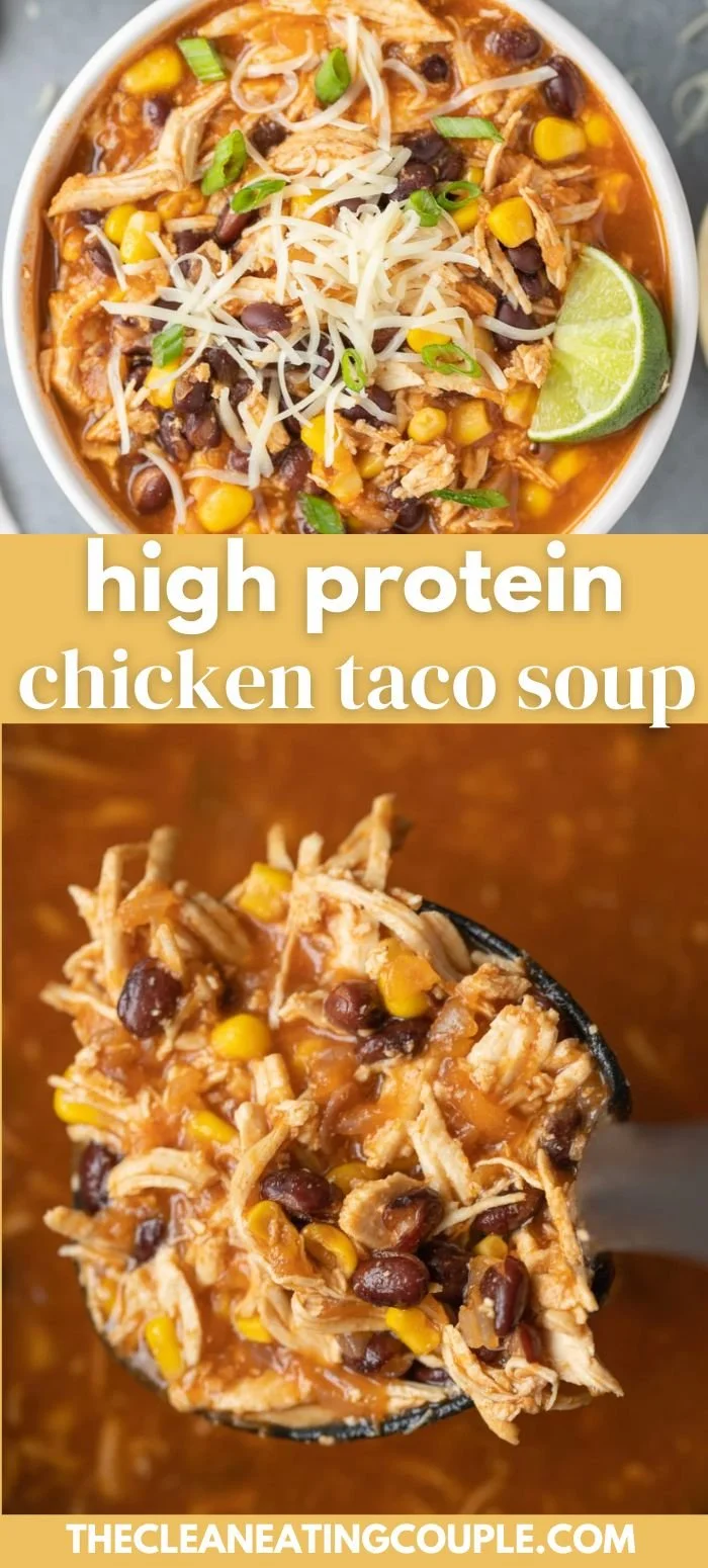 High protein chicken taco soup in a bowl with toppings