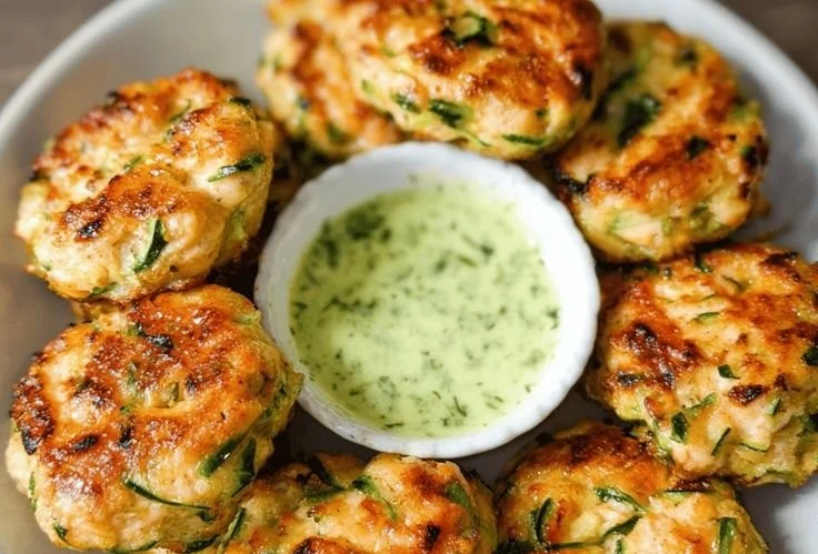 Plate of high protein chicken zucchini poppers garnished with herbs