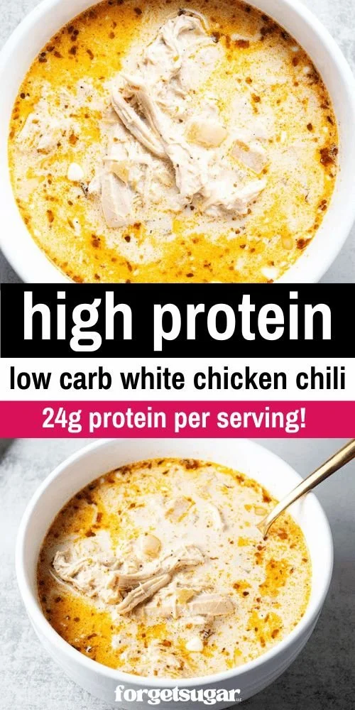 Delicious high protein low carb white chicken chili in a bowl